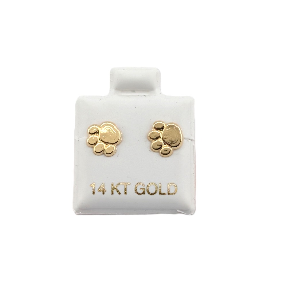14K Yellow Gold Paw Print Stud Earrings Puppy Cat footprints jewelry